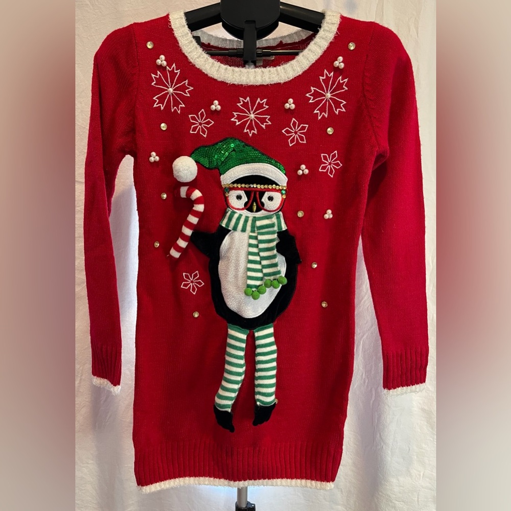 It’s Our Time Ugly Xmas 3D Penguin Sweater Red Medium